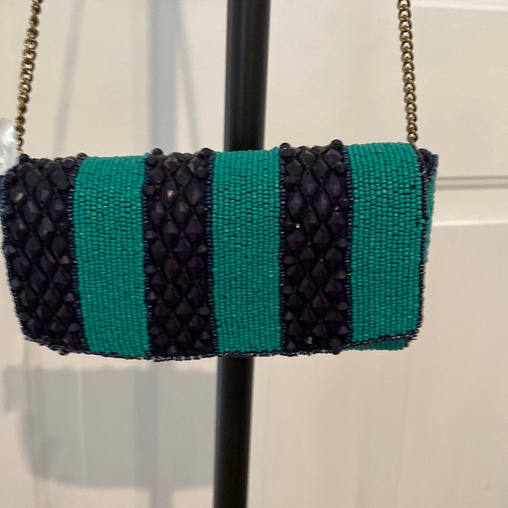 Anthropologie blue and green beeded purse with metal strap